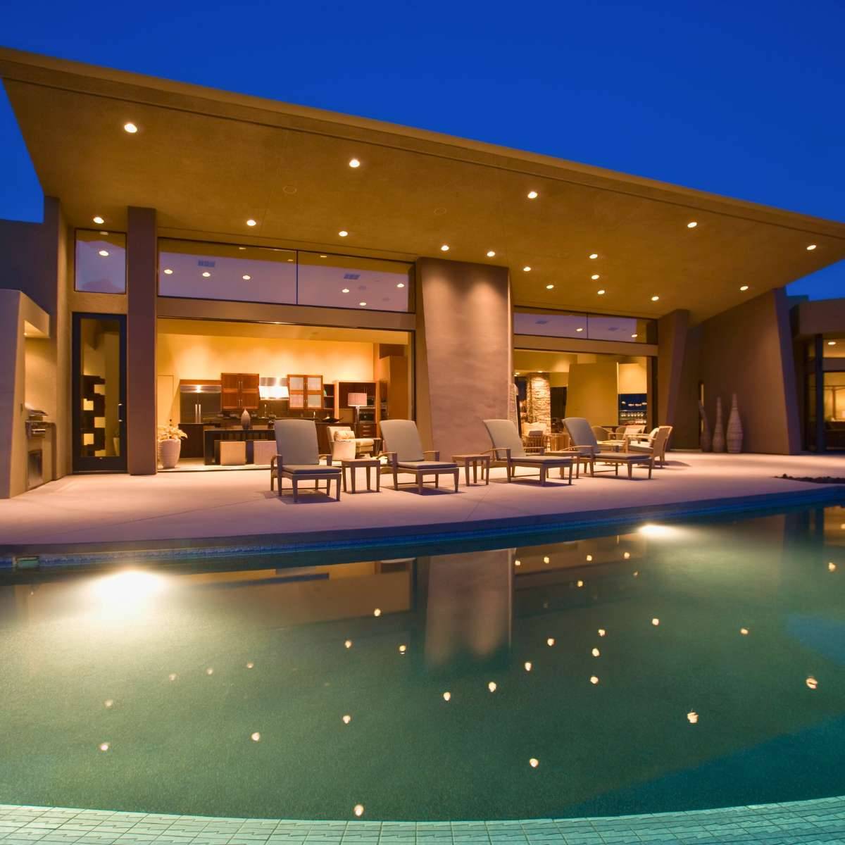 modern designed backyard with pool and large roof overhang