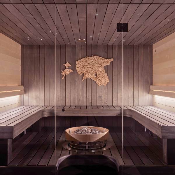 sauna with dark wood built and installed by Vulcon Builders in Orange County